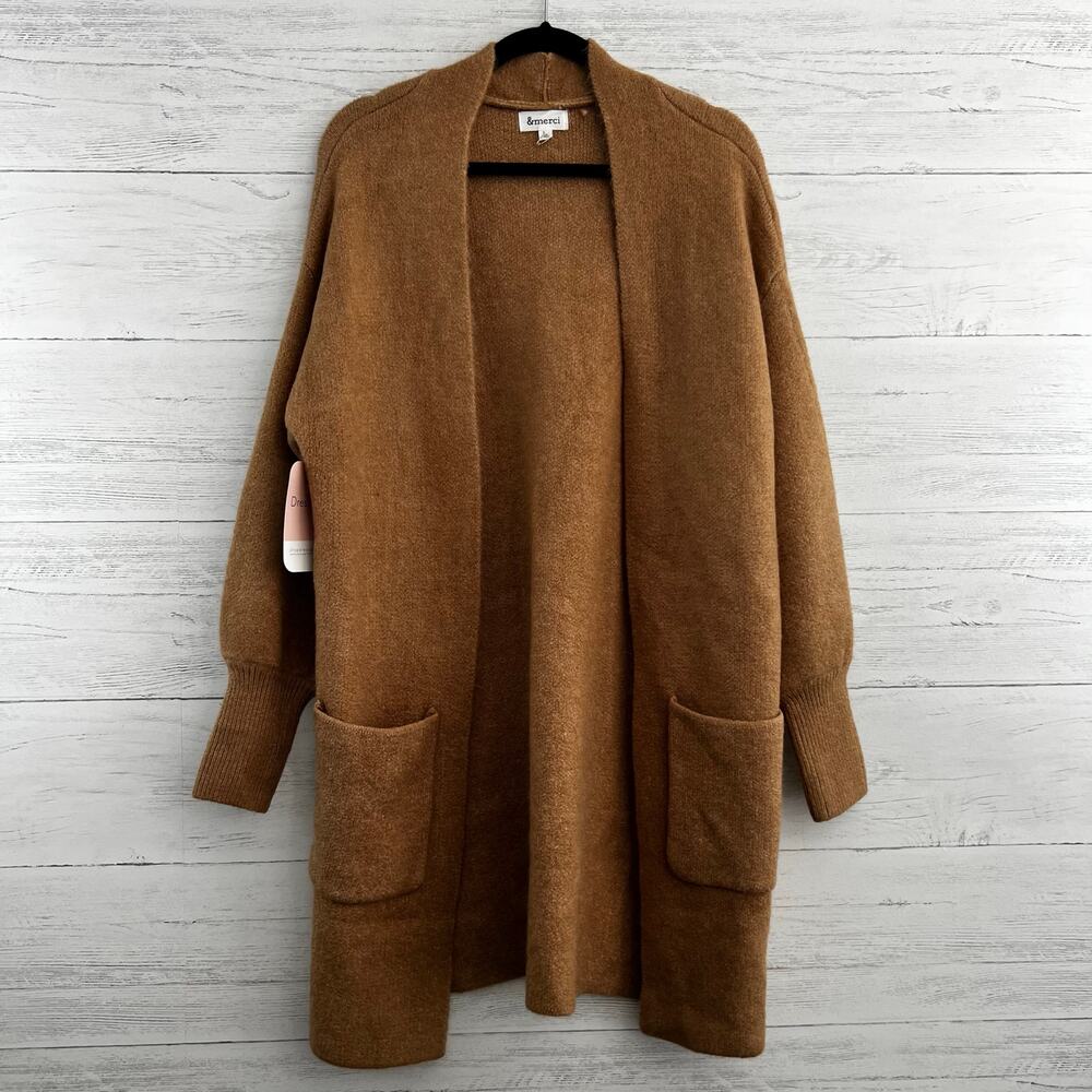 &Merci NWT Camel Long Sleeve Longline Pocket Cardigan Size L